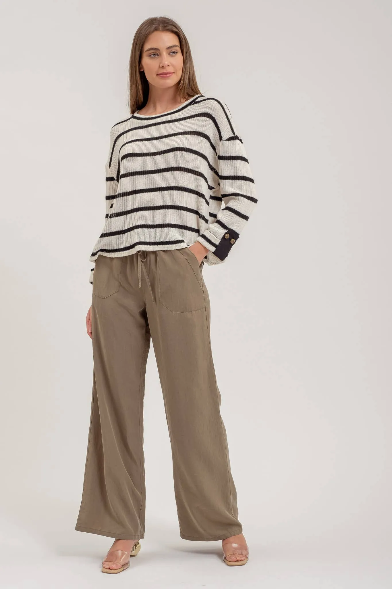 Black Striped Relaxed 3/4 Cuffed Sleeve Knit Top
