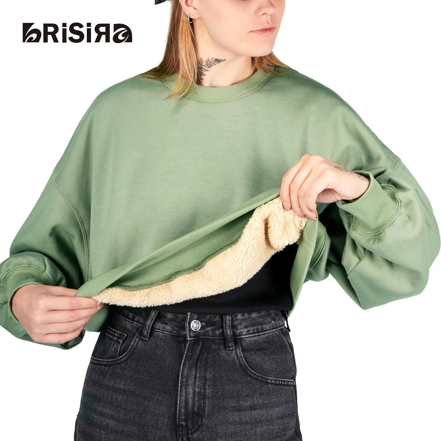 BRISIRA Sherpa Fleece Sweatshirts for Women: Crewneck sweatshirt Cropped Sherpa Lined Pullover Crop Sweater Warm Winter