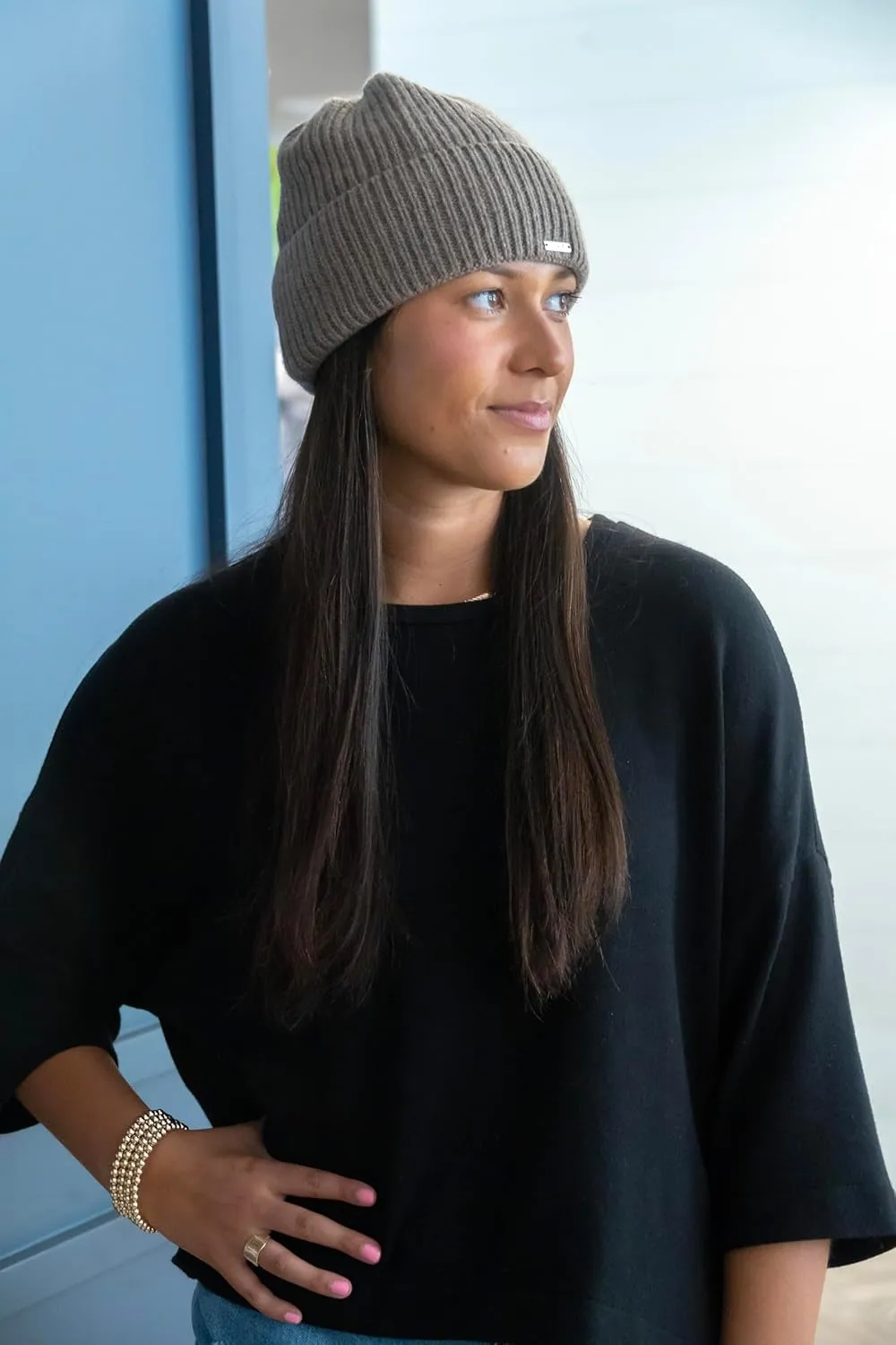 Cashmere Rolled Out Cuff Ribbed snug fit Beanie, Warm Winter Knitted hat CSH1102