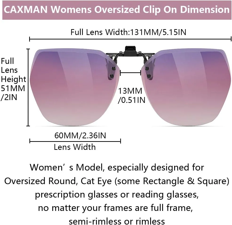CAXMAN Polarized Clip On Sunglasses for Women Over Prescription Glasses Polygon Style