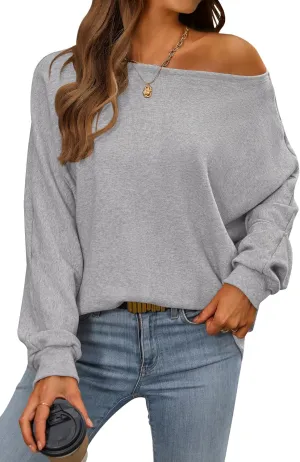 CFLONGE Fall Sweaters for Women 2024 Casual Pullover Off The Shoulder Sweater Batwing Long Sleeve Sweatshirt Knit Jumper Tops