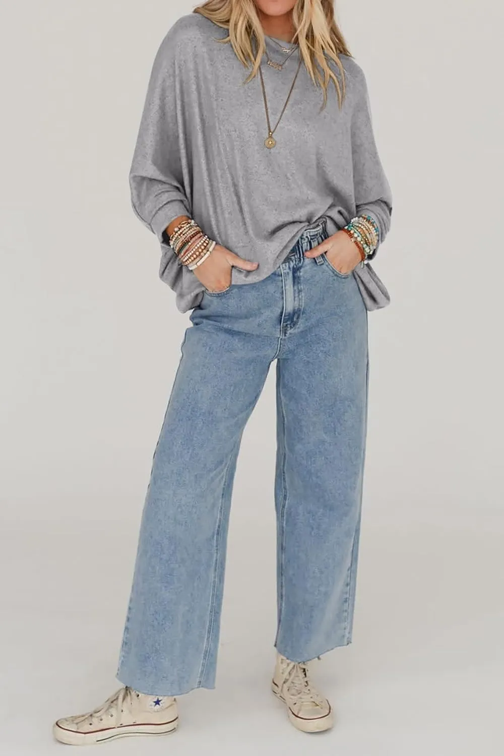 CFLONGE Fall Sweaters for Women 2024 Casual Pullover Off The Shoulder Sweater Batwing Long Sleeve Sweatshirt Knit Jumper Tops