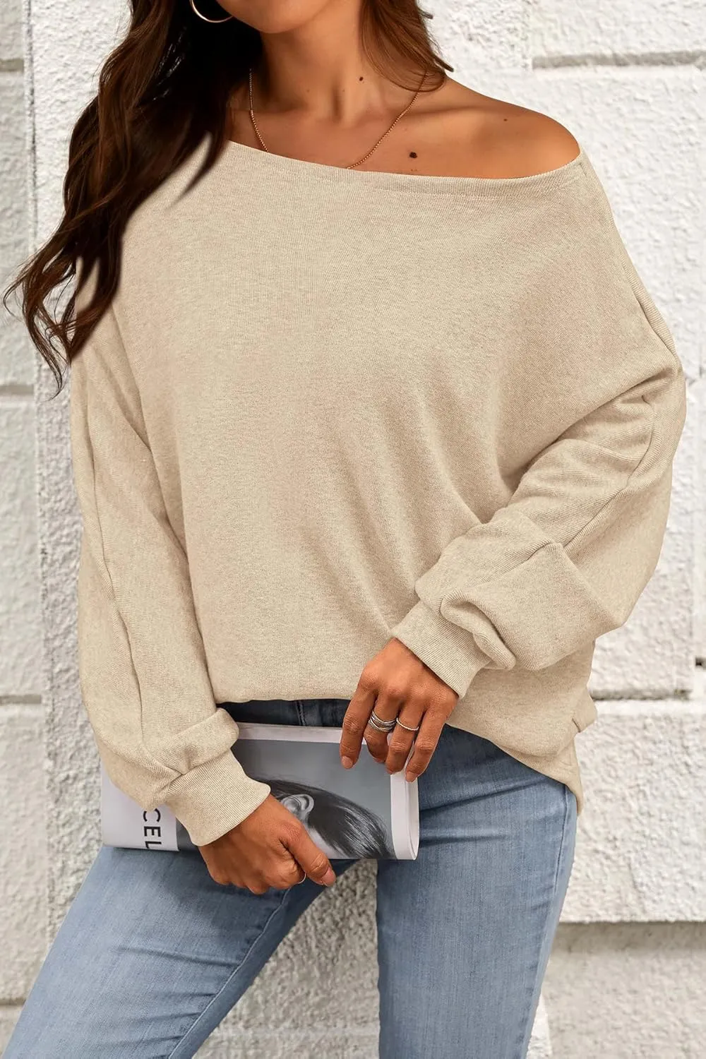 CFLONGE Fall Sweaters for Women 2024 Casual Pullover Off The Shoulder Sweater Batwing Long Sleeve Sweatshirt Knit Jumper Tops
