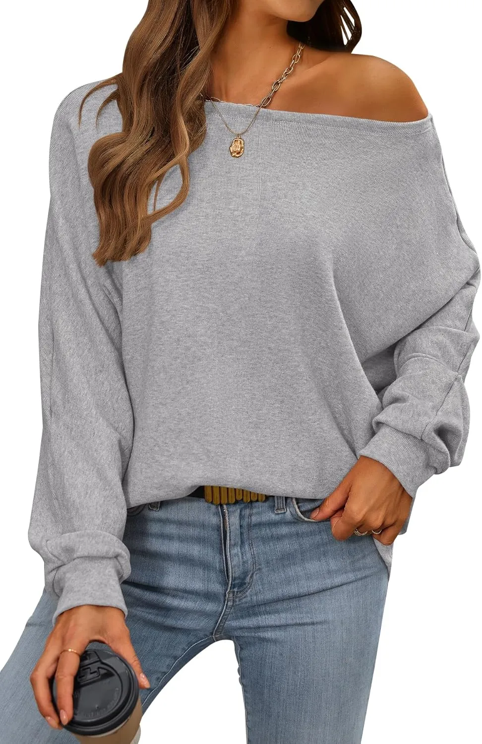 CFLONGE Fall Sweaters for Women 2024 Casual Pullover Off The Shoulder Sweater Batwing Long Sleeve Sweatshirt Knit Jumper Tops