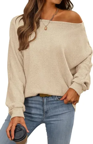 CFLONGE Fall Sweaters for Women 2024 Casual Pullover Off The Shoulder Sweater Batwing Long Sleeve Sweatshirt Knit Jumper Tops