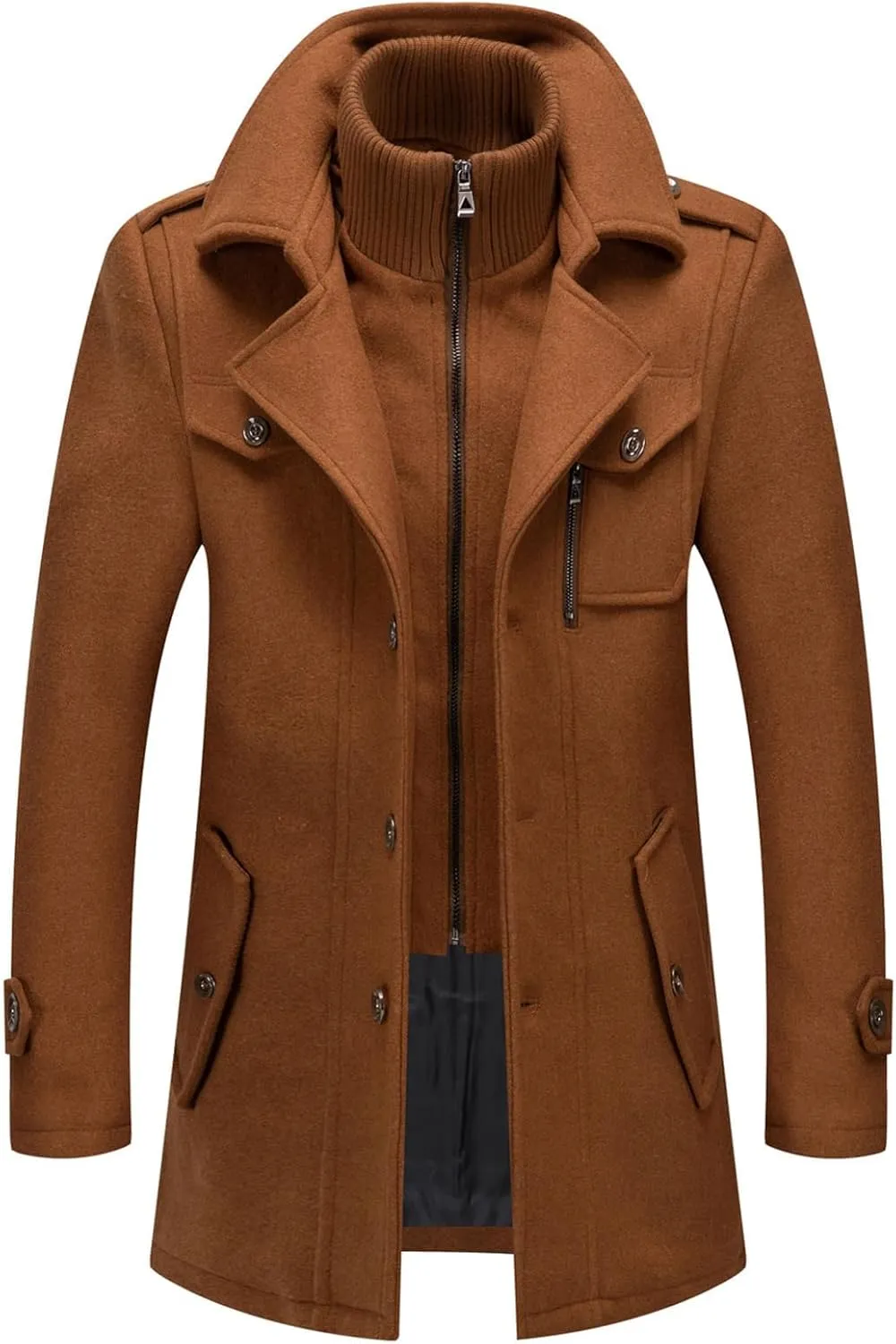 chouyatou Men's Gentle Layered Collar Single Breasted Quilted Lined Wool Blend Pea Coats