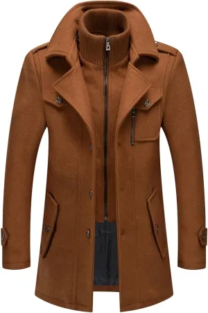 chouyatou Men's Gentle Layered Collar Single Breasted Quilted Lined Wool Blend Pea Coats