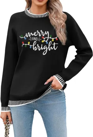 Christmas Sweaters for Women: Merry and Bright Sweatshirt Merry Christmas Long Sleeve Pullover Tops