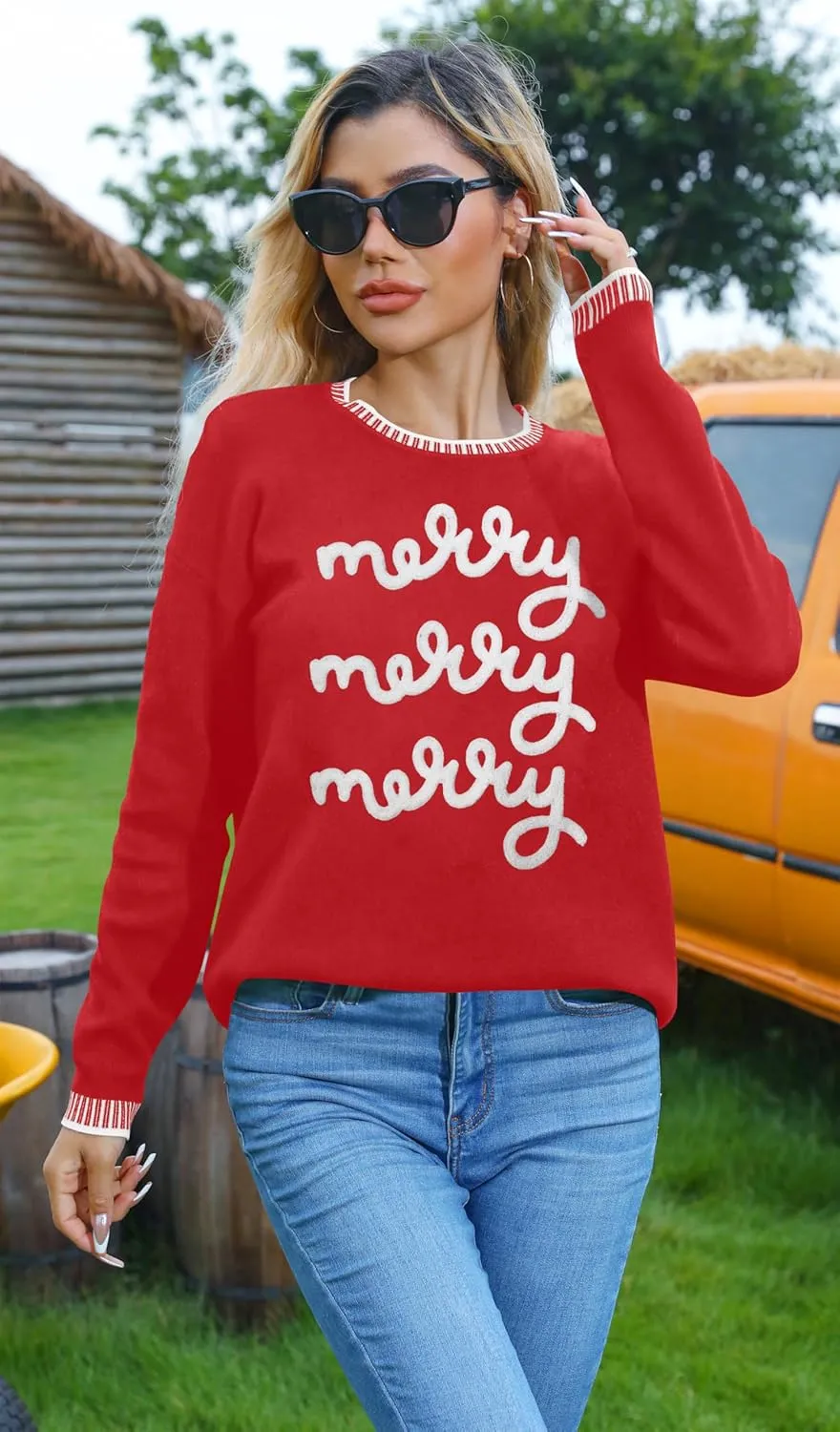 Christmas Sweaters for Women: Merry and Bright Sweatshirt Merry Christmas Long Sleeve Pullover Tops