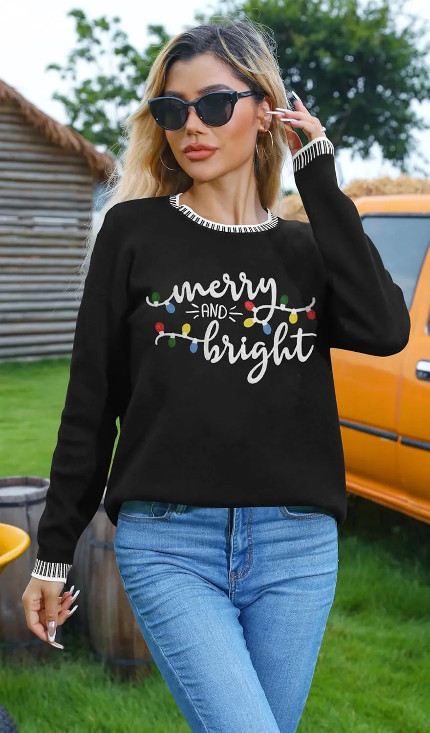 Christmas Sweaters for Women: Merry and Bright Sweatshirt Merry Christmas Long Sleeve Pullover Tops