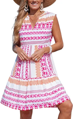 CUPSHE Women's Ruffle Beach Mini Dress Split V Neck A Line Sleeveless Geometric Stripe Tropical Leaf Pattern Summer Dresses