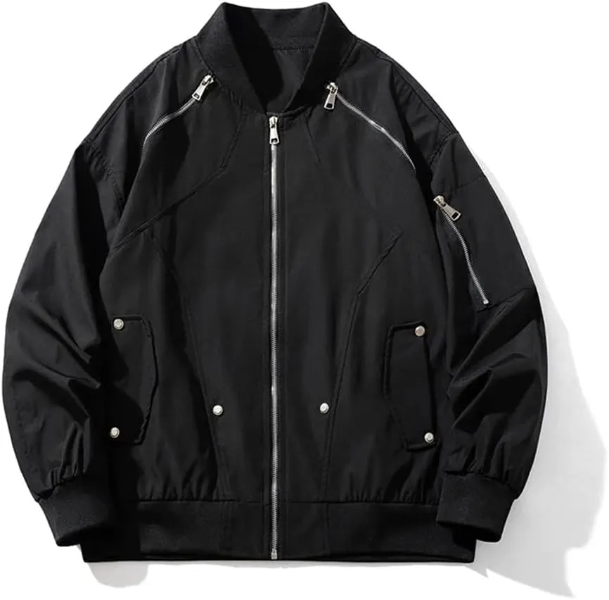 Disimlarl Men Elegant Casual Jackets European Style Classic Baseball Coat Black Multi-Zippers Outerwear