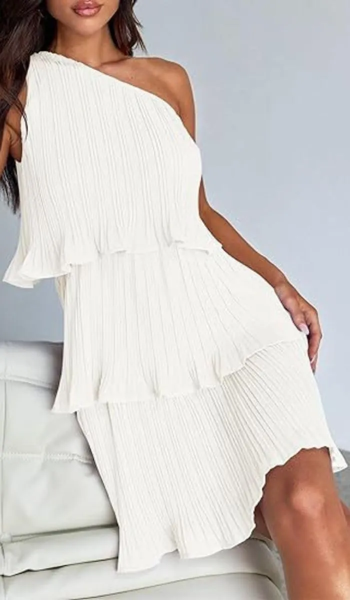 ELFTOWN Women's Summer Sleeveless Mini Dress Boho One Shoulder Ruffle Tiered Layered Chiffon Flowy Pleated A Line Dress