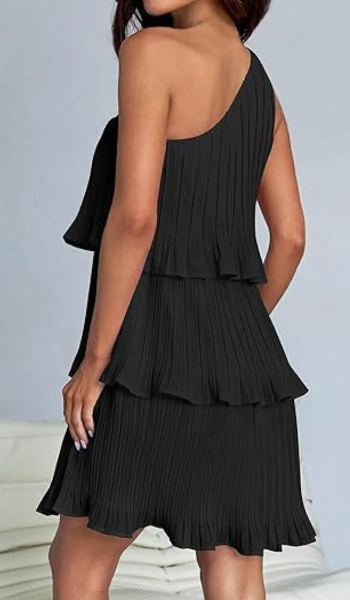 ELFTOWN Women's Summer Sleeveless Mini Dress Boho One Shoulder Ruffle Tiered Layered Chiffon Flowy Pleated A Line Dress