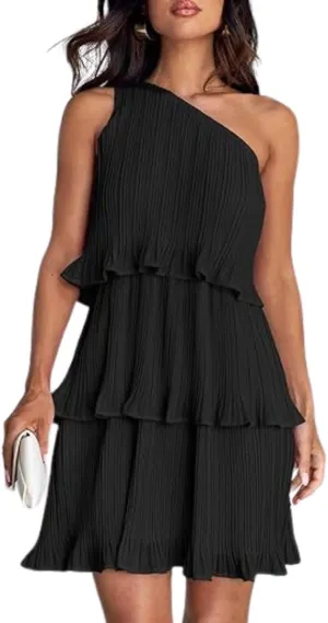 ELFTOWN Women's Summer Sleeveless Mini Dress Boho One Shoulder Ruffle Tiered Layered Chiffon Flowy Pleated A Line Dress