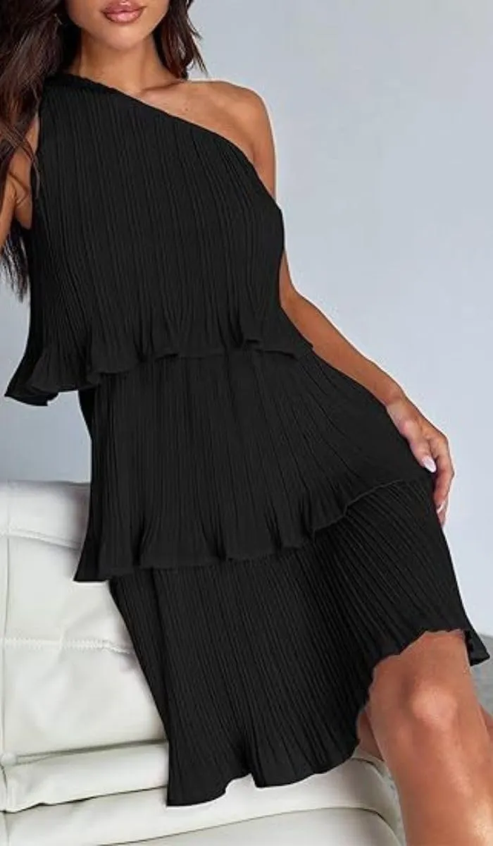 ELFTOWN Women's Summer Sleeveless Mini Dress Boho One Shoulder Ruffle Tiered Layered Chiffon Flowy Pleated A Line Dress