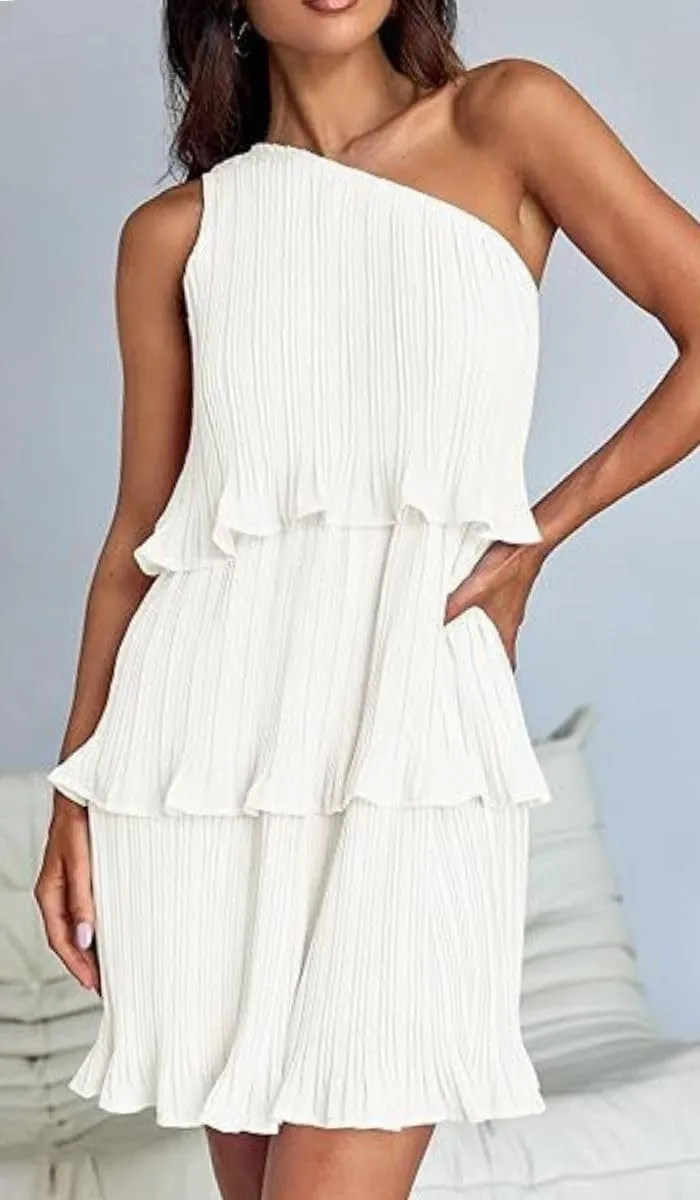 ELFTOWN Women's Summer Sleeveless Mini Dress Boho One Shoulder Ruffle Tiered Layered Chiffon Flowy Pleated A Line Dress