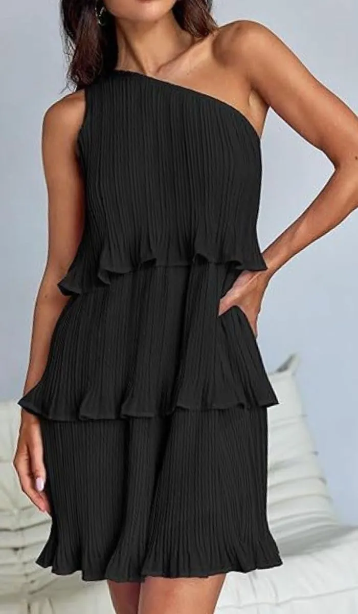 ELFTOWN Women's Summer Sleeveless Mini Dress Boho One Shoulder Ruffle Tiered Layered Chiffon Flowy Pleated A Line Dress