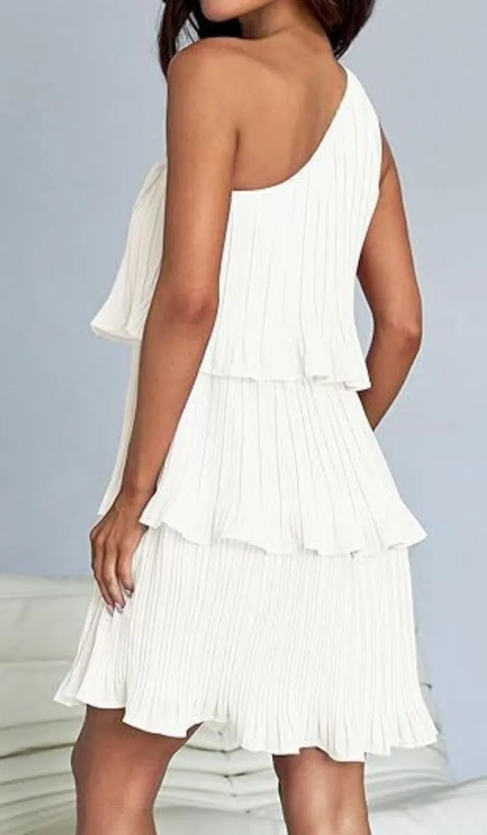 ELFTOWN Women's Summer Sleeveless Mini Dress Boho One Shoulder Ruffle Tiered Layered Chiffon Flowy Pleated A Line Dress