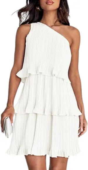 ELFTOWN Women's Summer Sleeveless Mini Dress Boho One Shoulder Ruffle Tiered Layered Chiffon Flowy Pleated A Line Dress