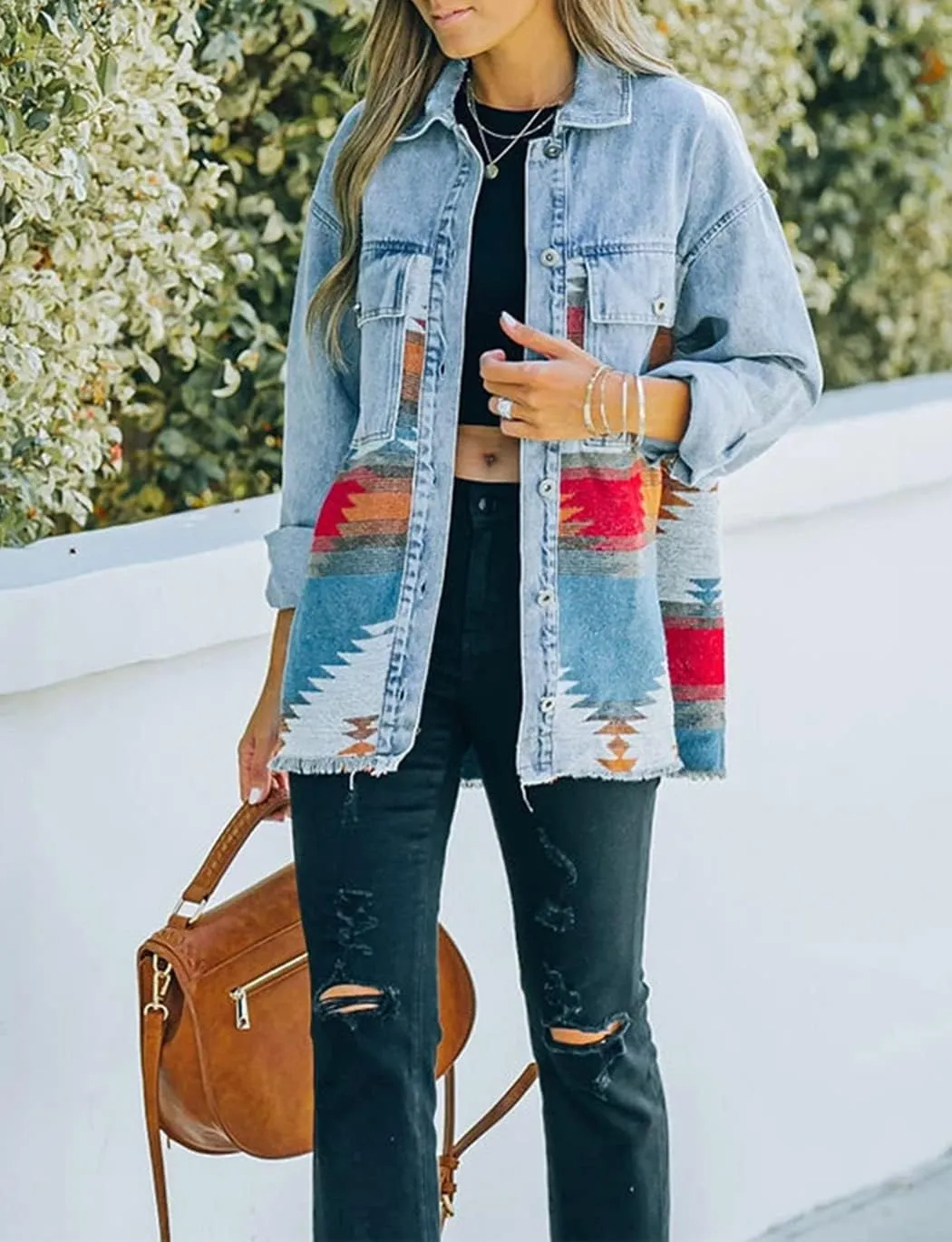 Haellun Women's Aztec Shacket Distressed Lapel Long Sleeve Button Down Jean Denim Jacket Coat