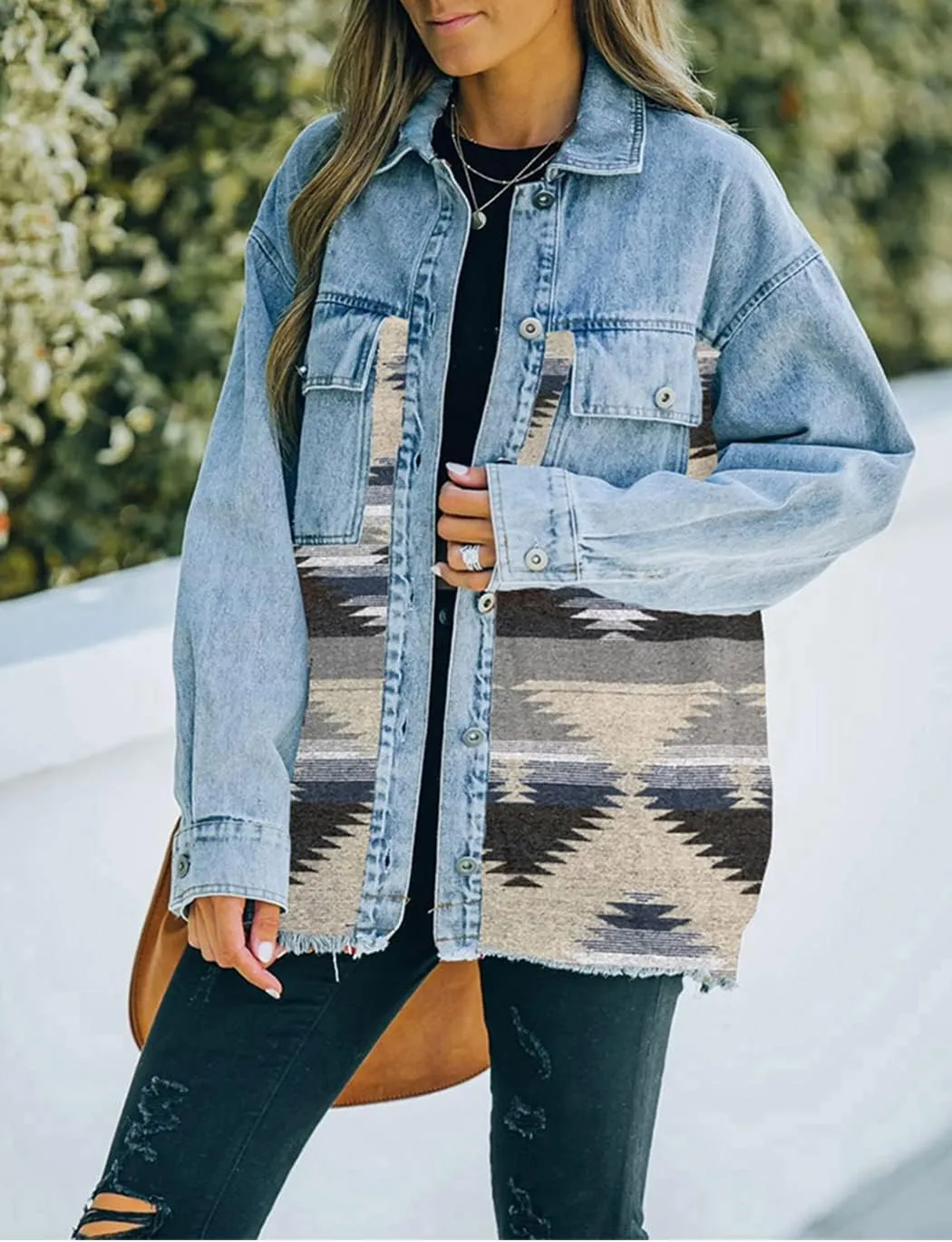 Haellun Women's Aztec Shacket Distressed Lapel Long Sleeve Button Down Jean Denim Jacket Coat