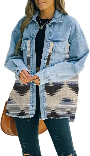 Haellun Women's Aztec Shacket Distressed Lapel Long Sleeve Button Down Jean Denim Jacket Coat
