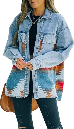 Haellun Women's Aztec Shacket Distressed Lapel Long Sleeve Button Down Jean Denim Jacket Coat