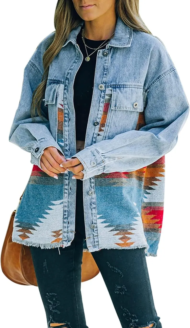 Haellun Women's Aztec Shacket Distressed Lapel Long Sleeve Button Down Jean Denim Jacket Coat