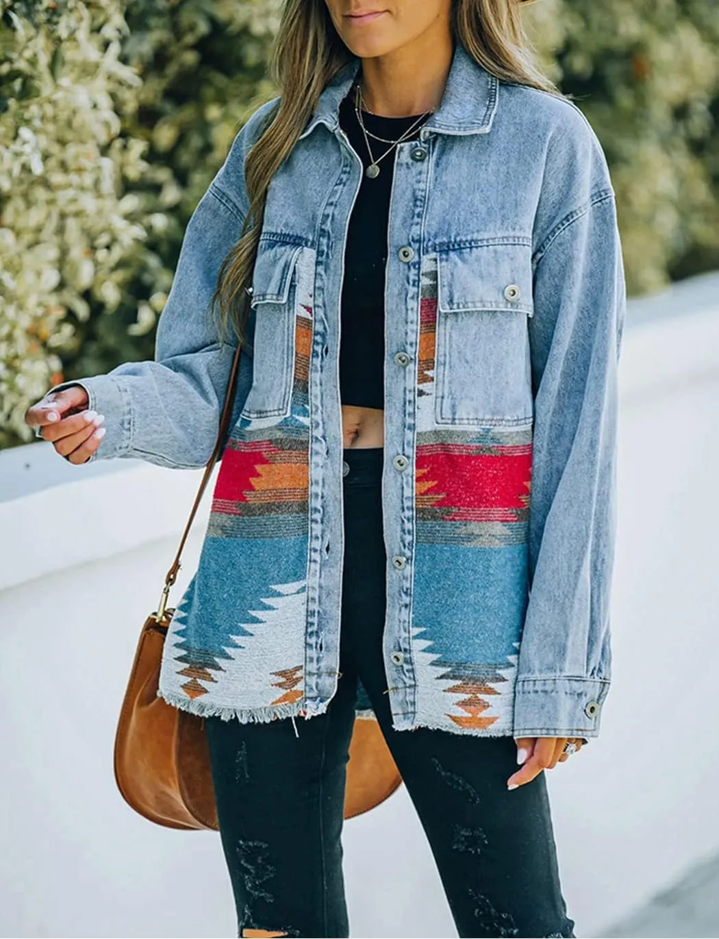 Haellun Women's Aztec Shacket Distressed Lapel Long Sleeve Button Down Jean Denim Jacket Coat
