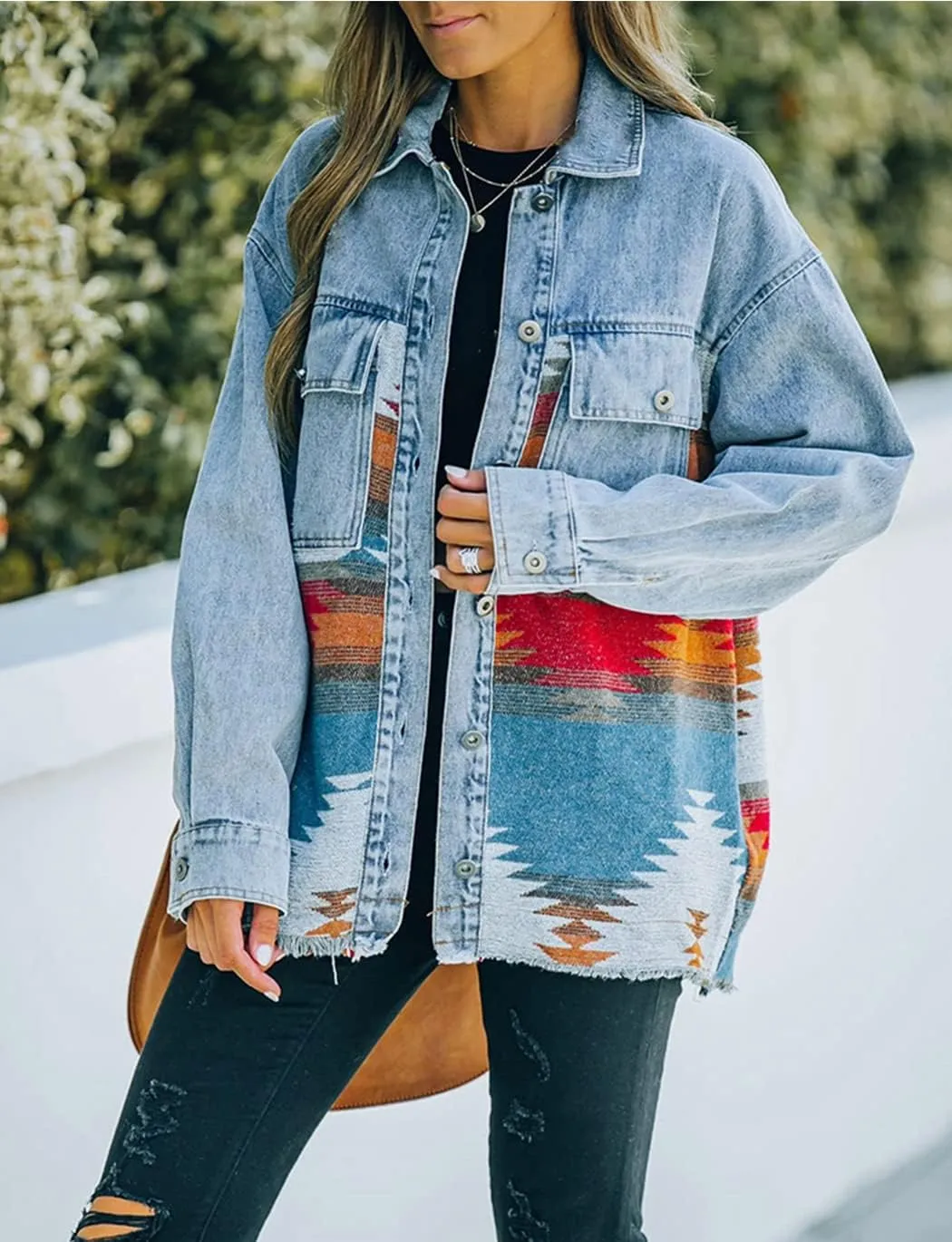 Haellun Women's Aztec Shacket Distressed Lapel Long Sleeve Button Down Jean Denim Jacket Coat