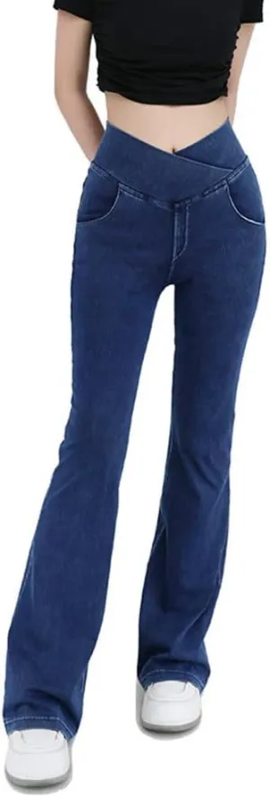 High Waisted Crossover Stretch Knit Wide Leg Denim Flare Jegging,Fashion Slim Blue Denim Pencil Pants with Pockets