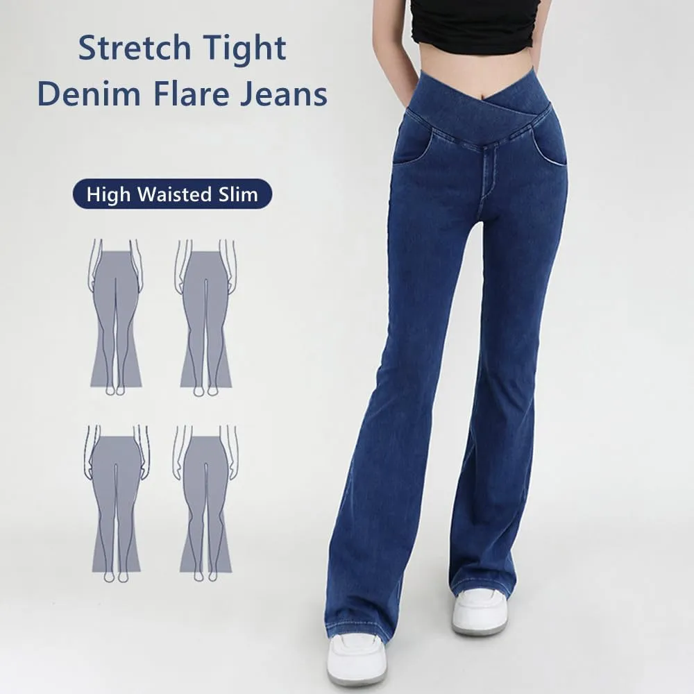 High Waisted Crossover Stretch Knit Wide Leg Denim Flare Jegging,Fashion Slim Blue Denim Pencil Pants with Pockets