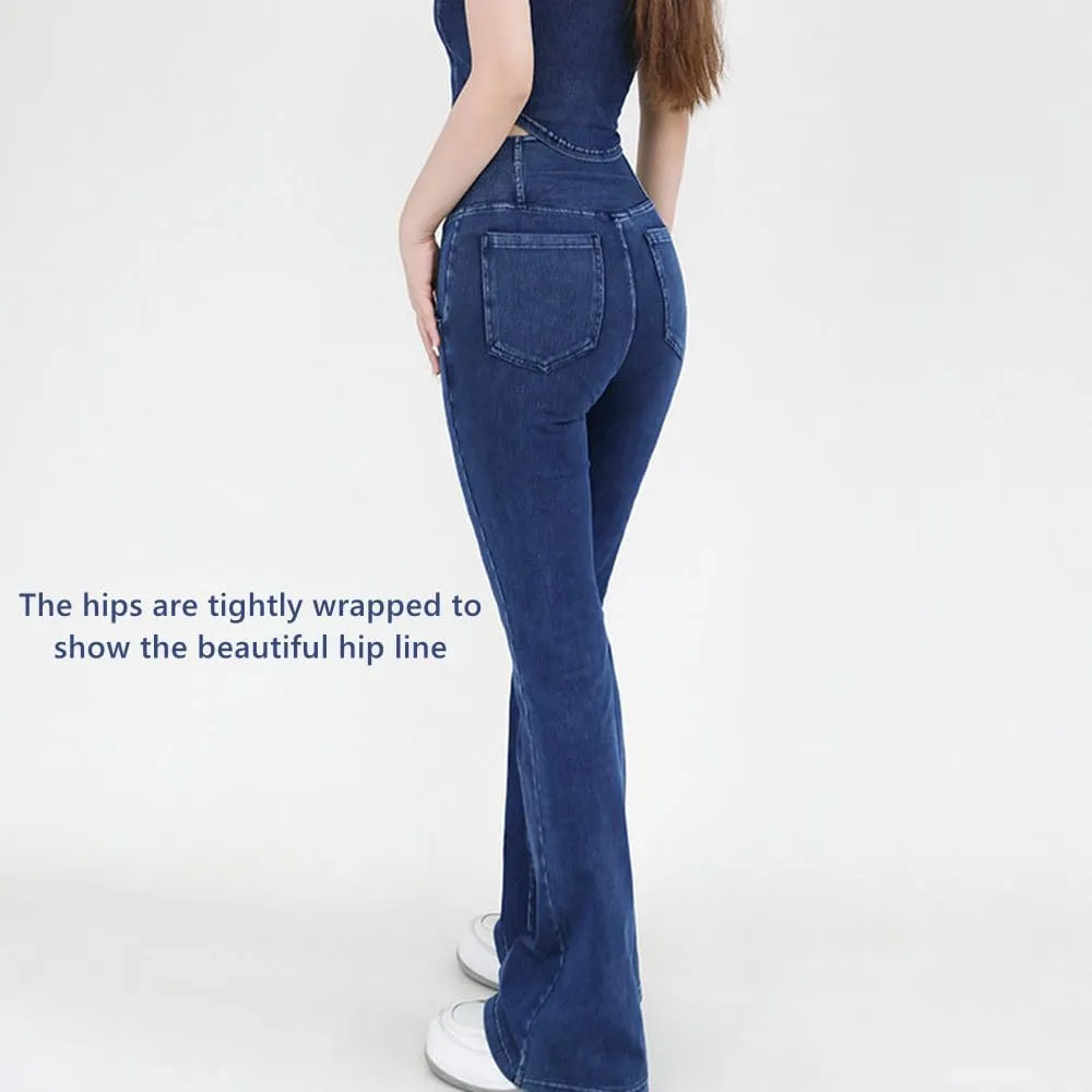 High Waisted Crossover Stretch Knit Wide Leg Denim Flare Jegging,Fashion Slim Blue Denim Pencil Pants with Pockets