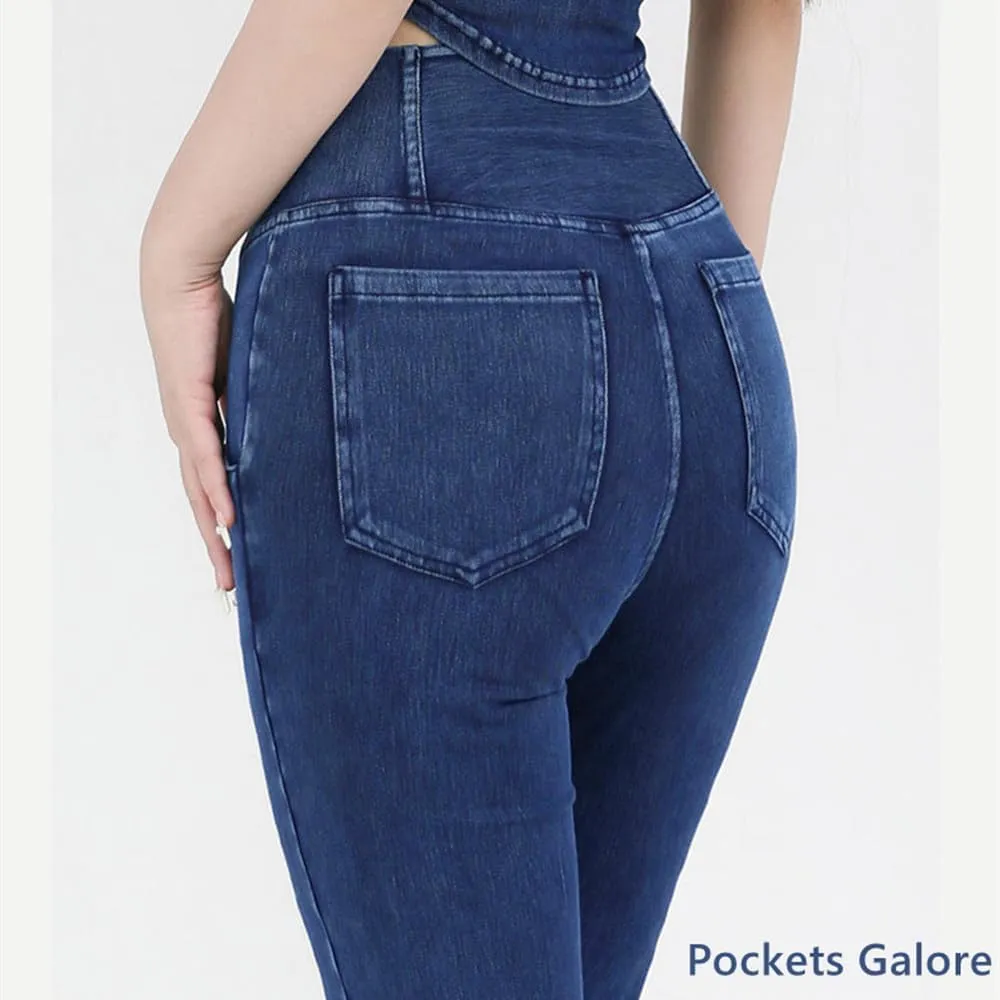 High Waisted Crossover Stretch Knit Wide Leg Denim Flare Jegging,Fashion Slim Blue Denim Pencil Pants with Pockets