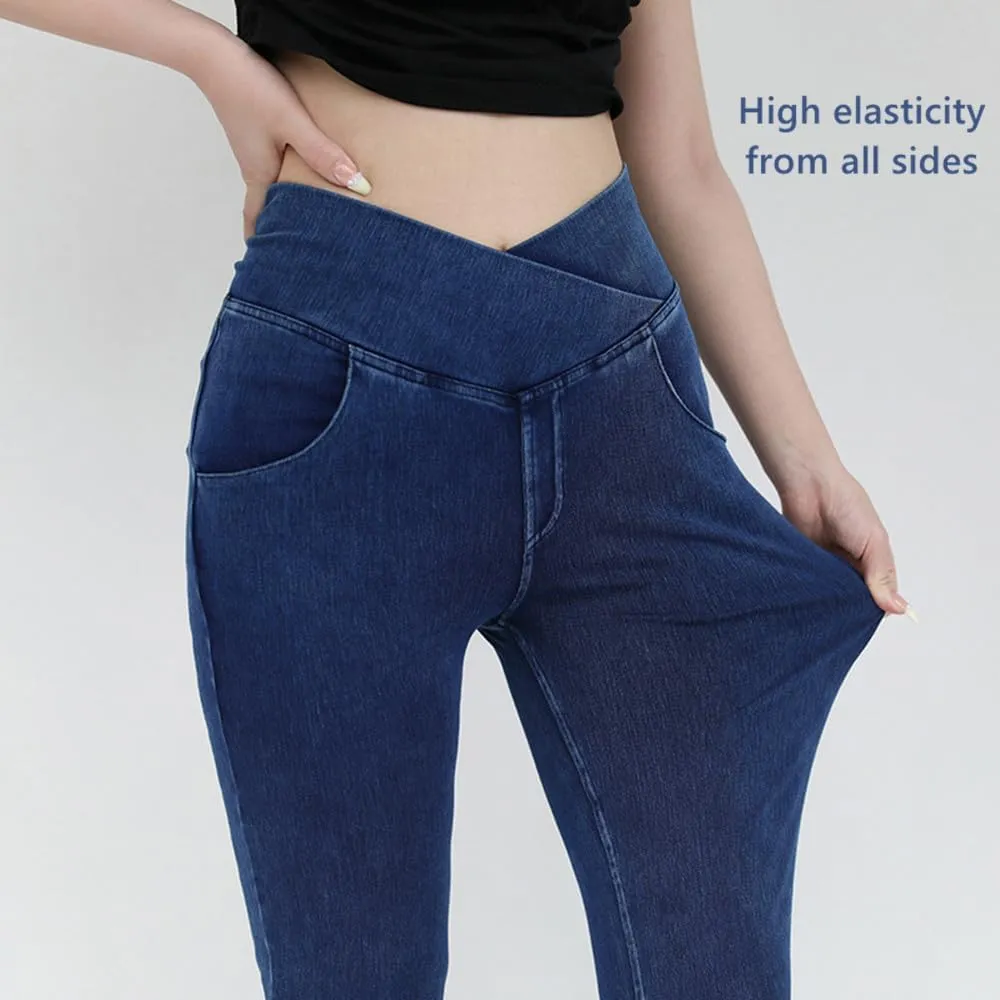 High Waisted Crossover Stretch Knit Wide Leg Denim Flare Jegging,Fashion Slim Blue Denim Pencil Pants with Pockets