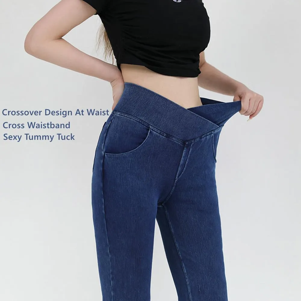 High Waisted Crossover Stretch Knit Wide Leg Denim Flare Jegging,Fashion Slim Blue Denim Pencil Pants with Pockets