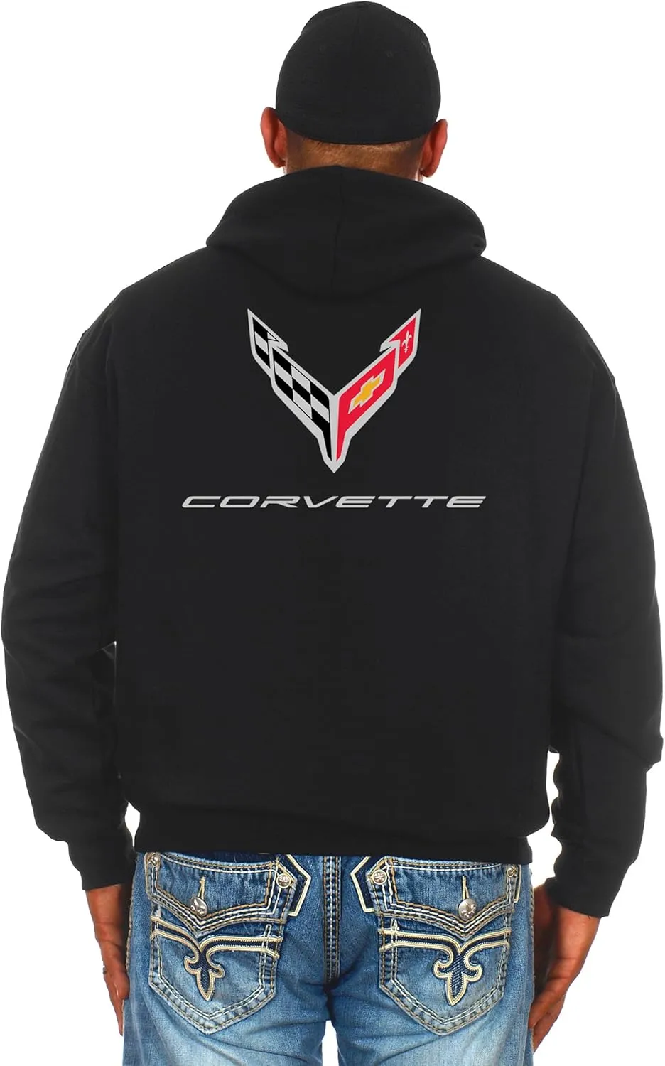 JH DESIGN GROUP Men's Chevy C8 Corvette Hoodie Full Zip Up Black Hooded Sweatshirt