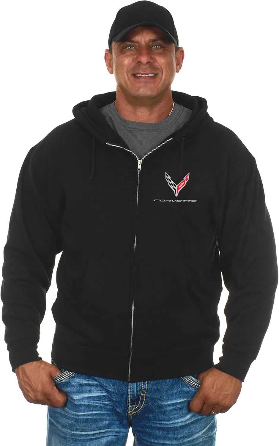 JH DESIGN GROUP Men's Chevy C8 Corvette Hoodie Full Zip Up Black Hooded Sweatshirt