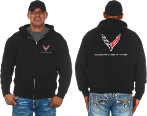 JH DESIGN GROUP Men's Chevy C8 Corvette Hoodie Full Zip Up Black Hooded Sweatshirt