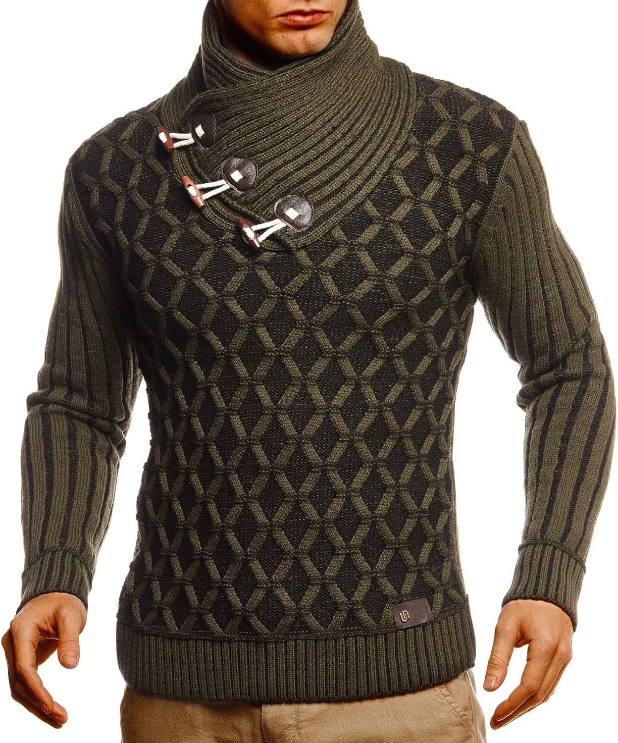 Leif Nelson Men’s Knitted Pullover | Long-sleeved with geometric pattern | Winter pullover with shawl collar for Men