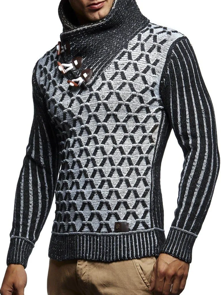 Leif Nelson Men’s Knitted Pullover | Long-sleeved with geometric pattern | Winter pullover with shawl collar for Men