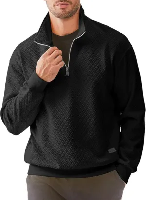 Men's Quarter Zip Sweatshirts Casual Mock Neck Pullover Long Sleeve Solid Geometric Texture Waffle Sweatshirt