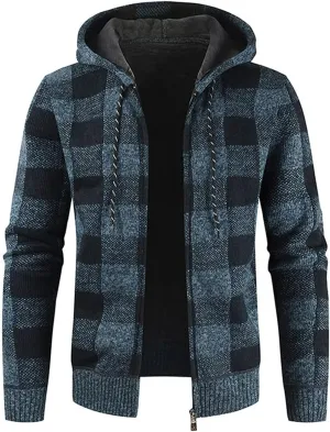 Men's Zip Up Hoodies Casual Long Sleeve Full Zipper Sherpa Fleece Lined Knit Cardigan Sweater Jacket Pockets