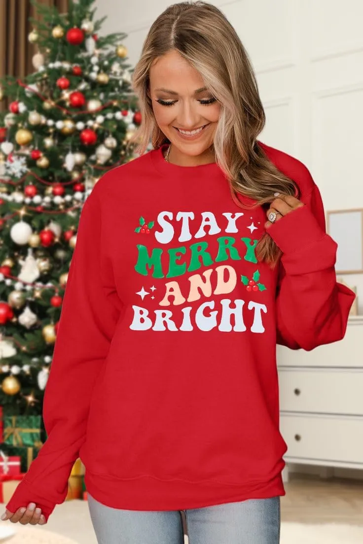 Merry and Bright Sweatshirt Women Merry Christmas Letter Print Long Sleeve Sweater Xmas Crewneck Pullover Casual Blouse Tops