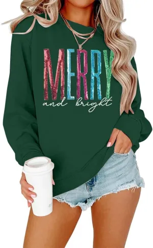 Merry and Bright Sweatshirt Women Merry Christmas Letter Print Long Sleeve Sweater Xmas Crewneck Pullover Casual Blouse Tops