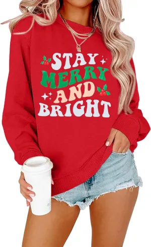 Merry and Bright Sweatshirt Women Merry Christmas Letter Print Long Sleeve Sweater Xmas Crewneck Pullover Casual Blouse Tops