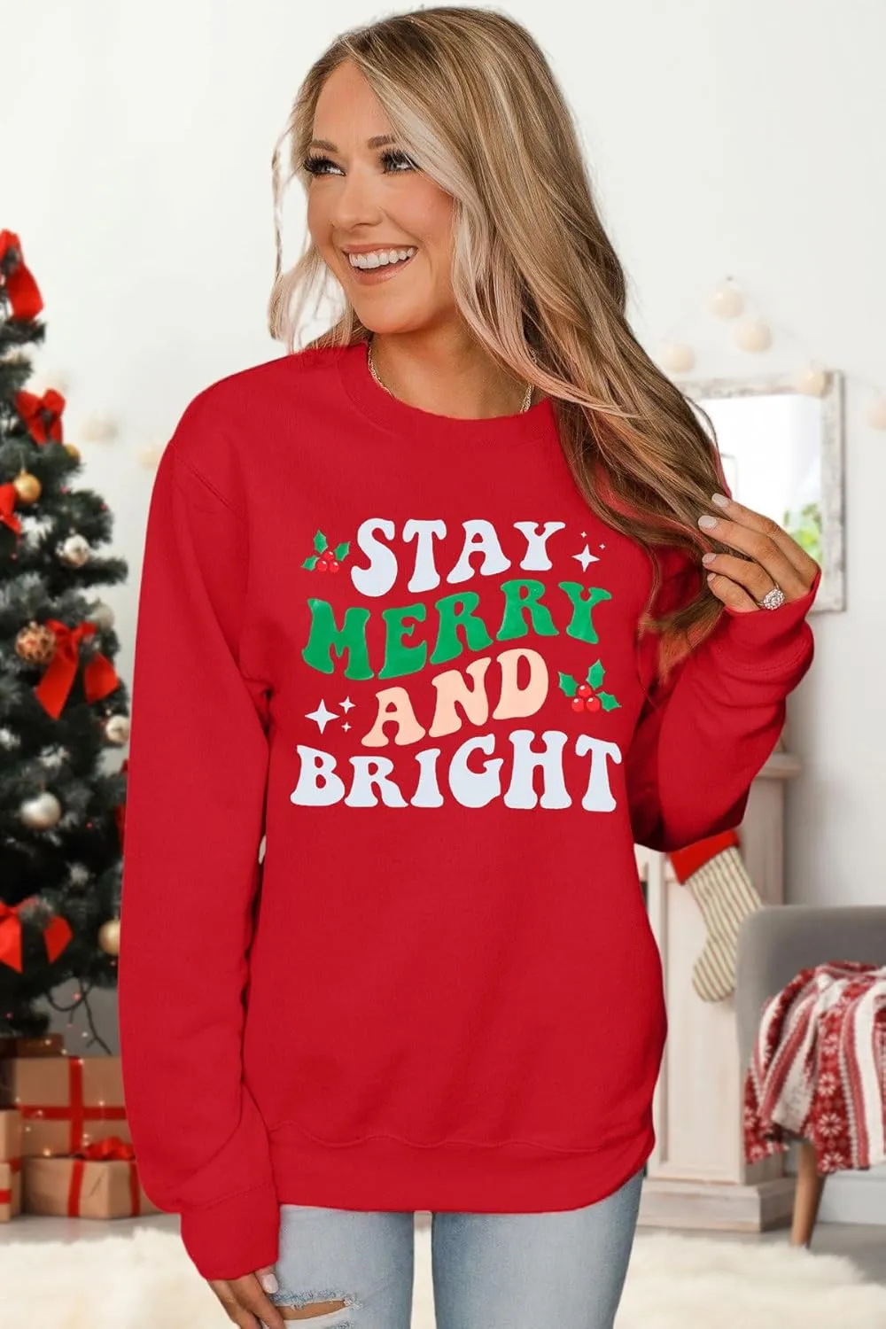 Merry and Bright Sweatshirt Women Merry Christmas Letter Print Long Sleeve Sweater Xmas Crewneck Pullover Casual Blouse Tops