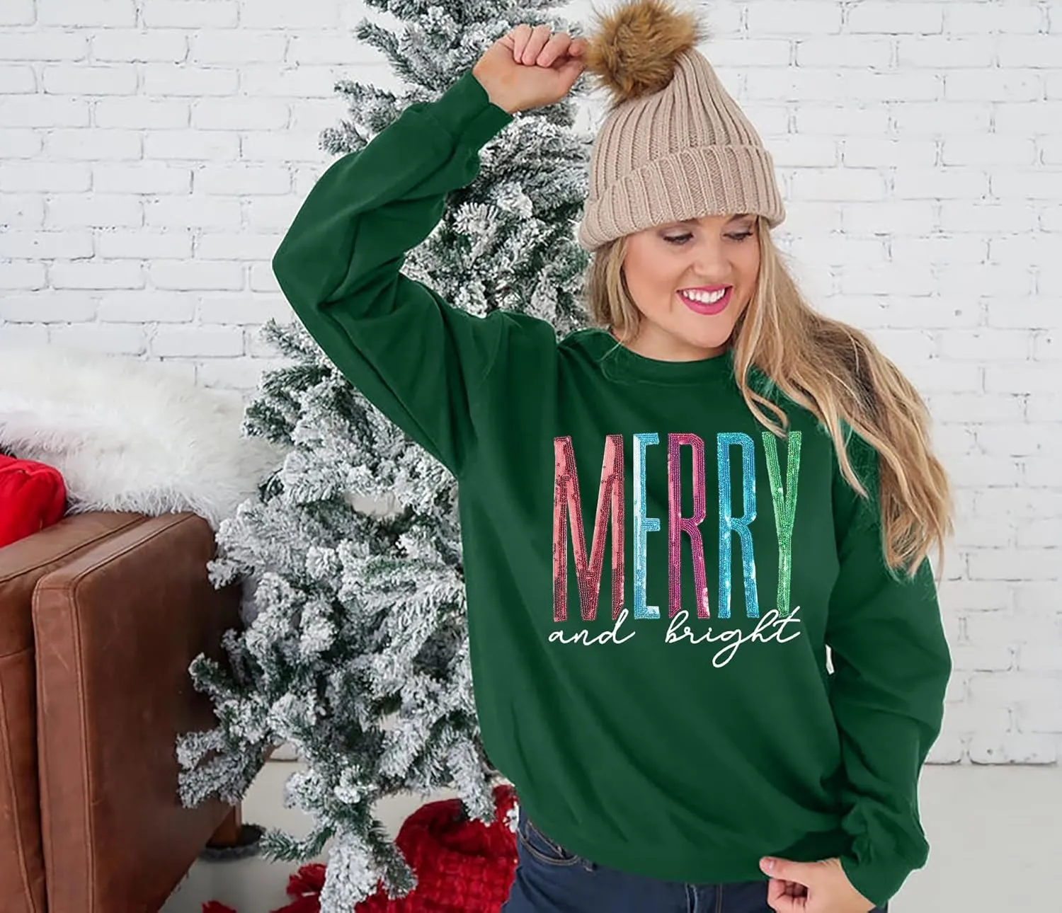 Merry and Bright Sweatshirt Women Merry Christmas Letter Print Long Sleeve Sweater Xmas Crewneck Pullover Casual Blouse Tops