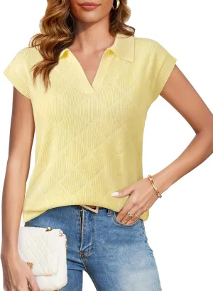 Messic Womens Cap Sleeve Sweater Lapel V Neck Casual Knit Pullover Tops 2024